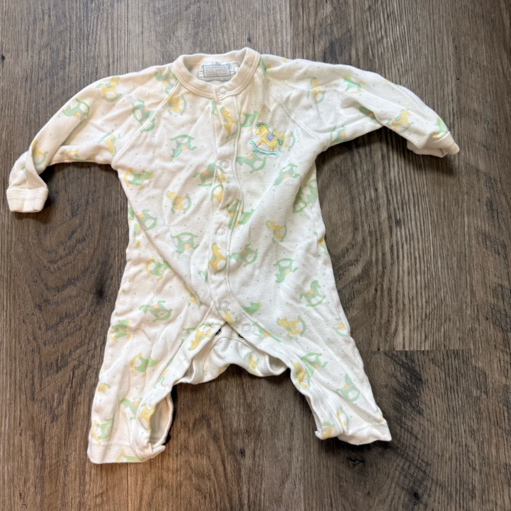 Vintage Cream Baby Onesie with Green and Yellow Print